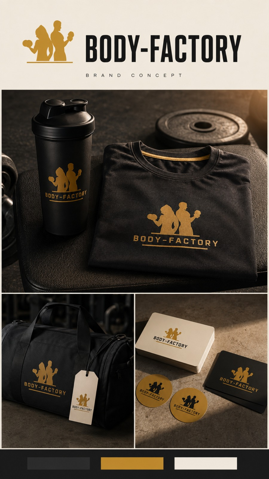 Body Factory Brand Concept: Bekleidung, Shaker und Geschäftsausstattung